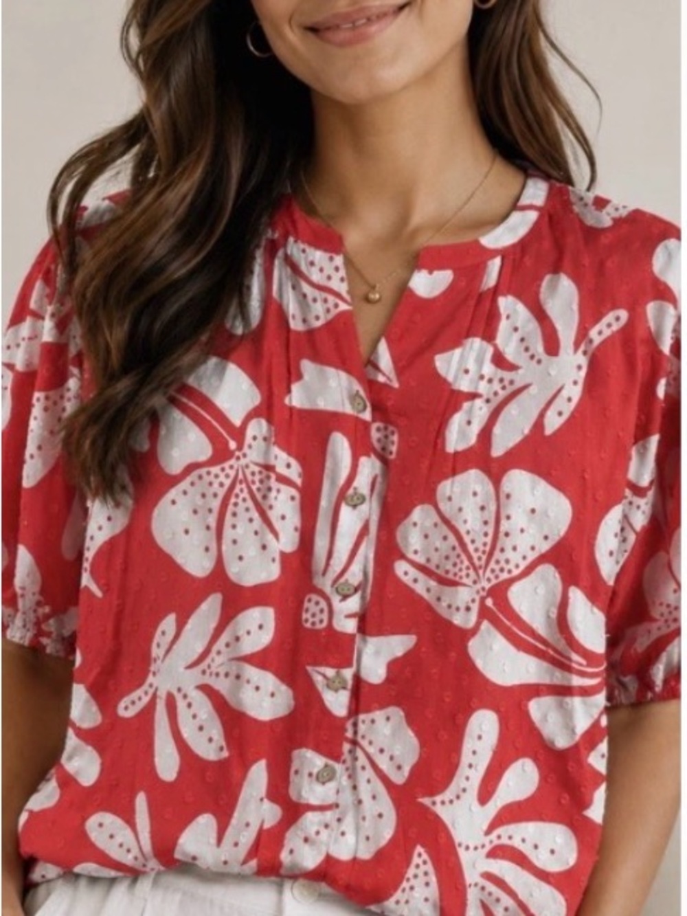 Ali Miles Women Button-Down Floral Red and White Top with pleat detail XL NWT
